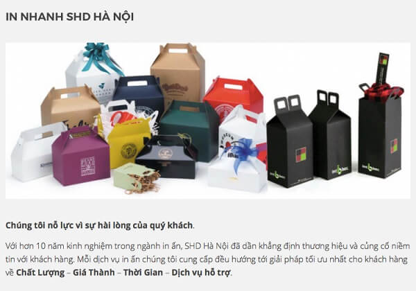 In Nhanh SHD chuyên cung cấp dịch vụ in túi giấy, in hộp giấy, các ấn phẩm văn phòng và sản phẩm tiếp thị truyền thông tại Hà Nội