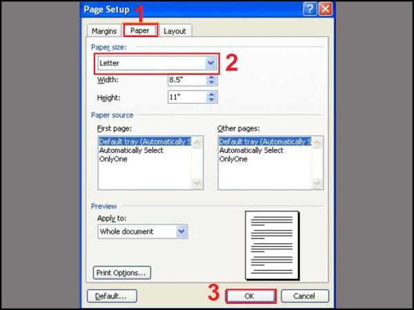 Tùy lựa chọn mẫu giấy A3 nhập Word 2003